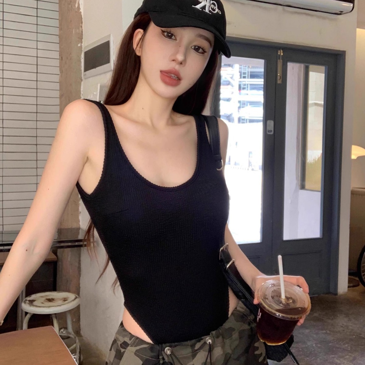 Tank Top Ribbed - Black Strappy Bodysuit Sexy Backless Ribbed