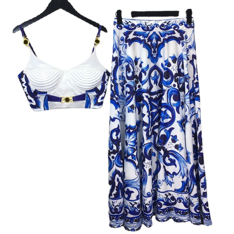 Suspender Tank Top - Summer Bohemain Blue And White Porcelain