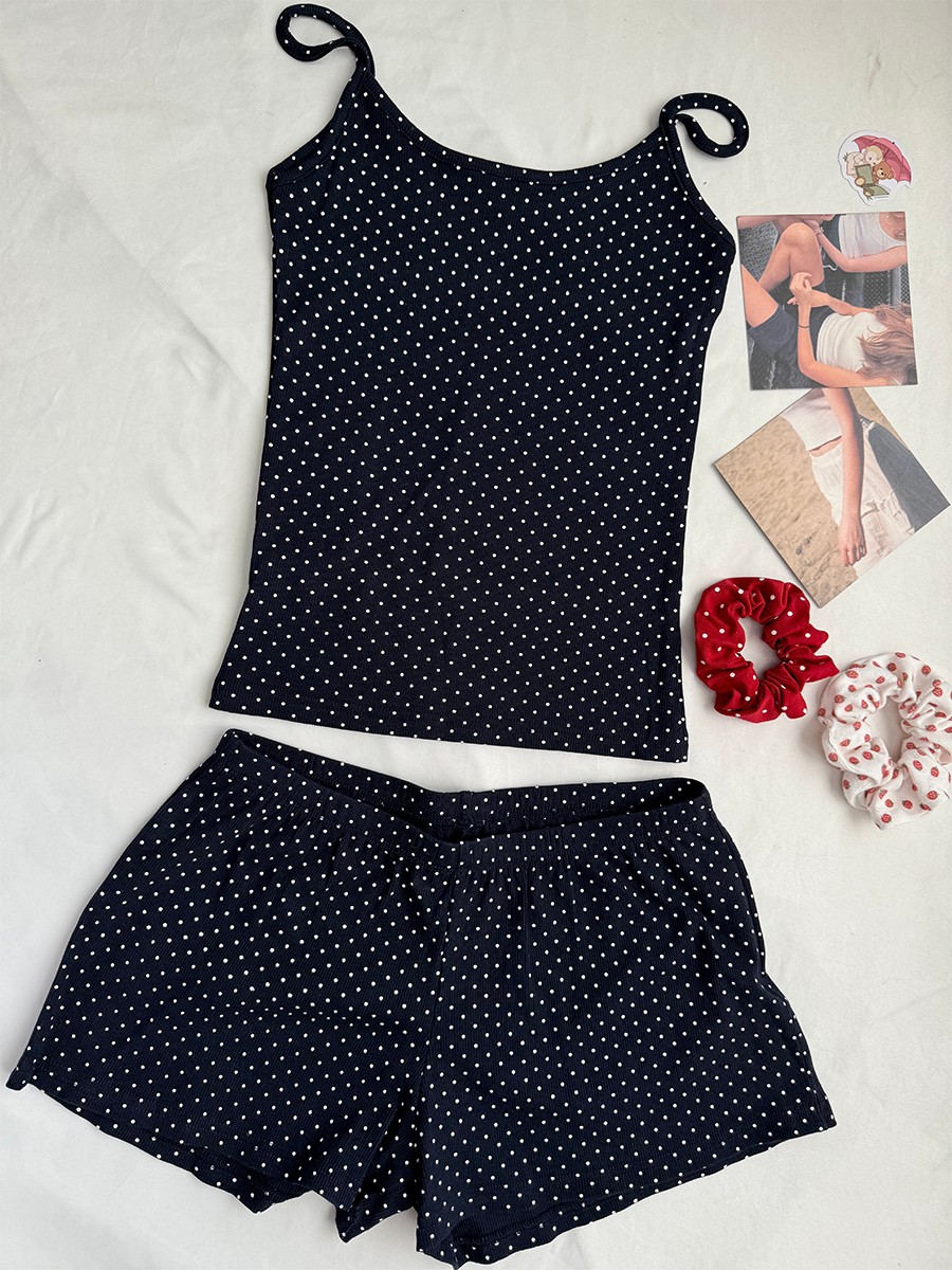 Navy Dot Ribbed Shorts Sets Wo - đánh giá và giá Tank Top Ribbed